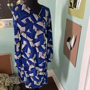 Calvin Klein faux wrap ruched V-neck longsleeve fan dress medium